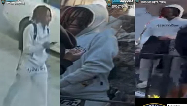 Triptych of surveillance frames: a person in a white hoodie with a backpack walking indoors on the left; a person in a gray hoodie looking at a phone in the center; and a person in a light jacket with a logo on the back standing by a railing on the right.