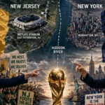 Two women in business suits argue across a split backdrop depicting New Jersey (left) and New York (right), with a glowing trophy at center and landmarks like MetLife Stadium and Manhattan skyline behind them.