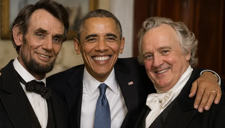 Three men in tuxedos posing together at a formal event, smiling for the camera, with the center man wearing a suit and blue tie and an American flag pin on his lapel.