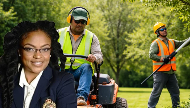 Smiling woman in a dark blazer overlays a park scene where two landscapers in safety vests mow and edge the lawn.