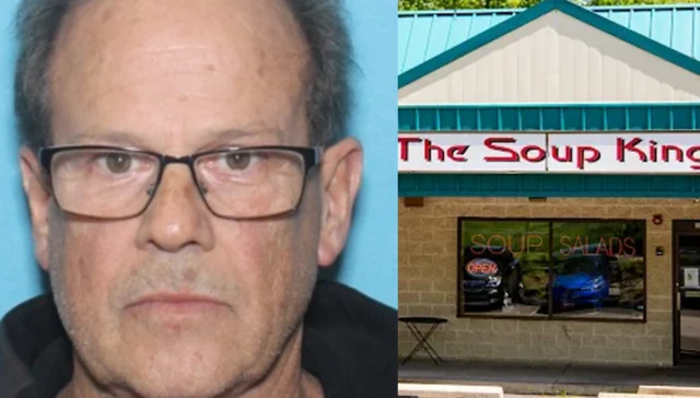 Mugshot of a middle‑aged man with glasses next to a storefront labeled 'the soup kitchen'.