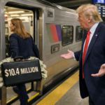 Man in a dark suit and red tie stands on a subway platform, gesturing toward a woman exiting a train while a black briefcase labeled '$10.4 MILLION' spills cash around it.
