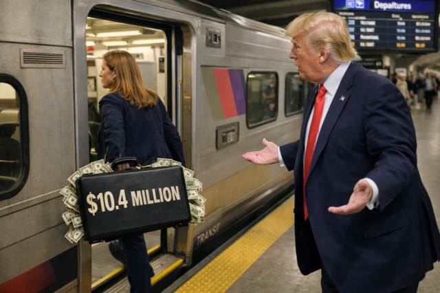 Man in a dark suit and red tie stands on a subway platform, gesturing toward a woman exiting a train while a black briefcase labeled '$10. 4 million' spills cash around it.
