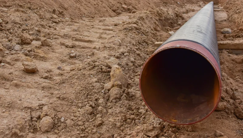 Large corrugated metal pipe lying in a dirt trench, ready for installation at a construction site.