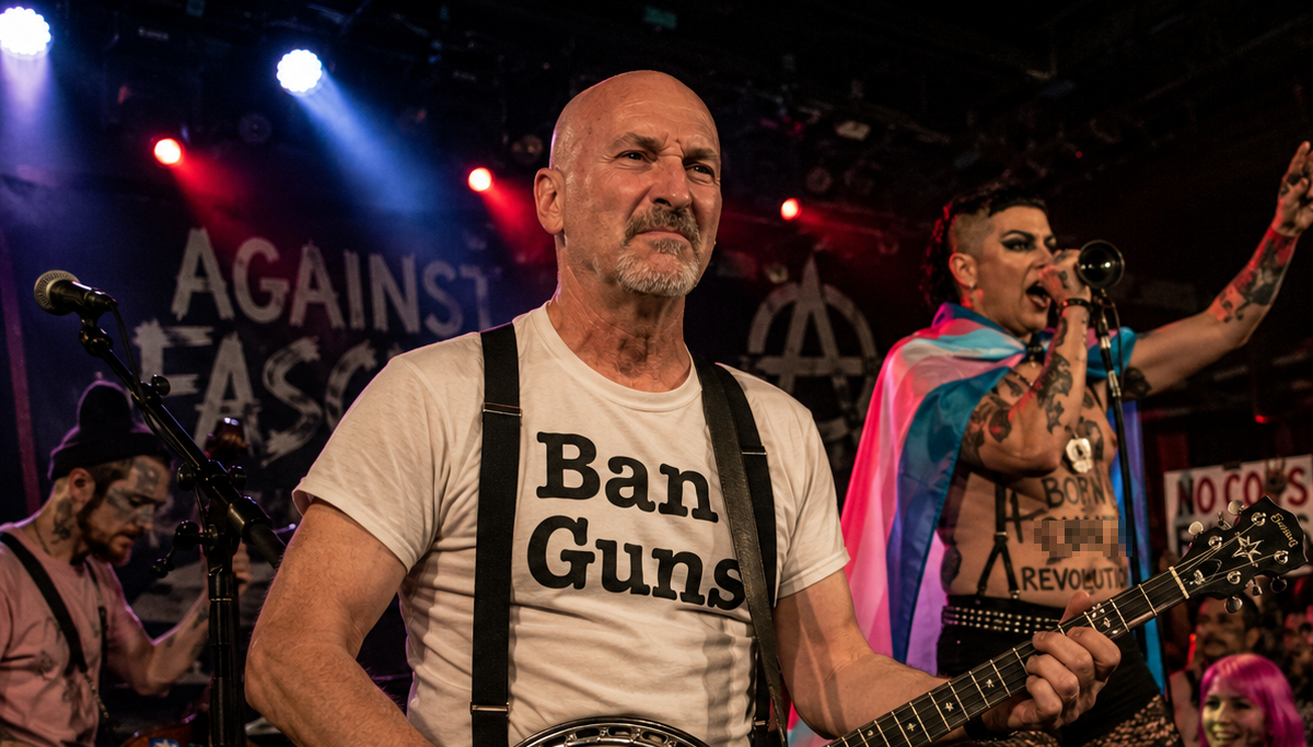 Satirical recreation of tom nivison, banjo played in transgendered bluegrass band.