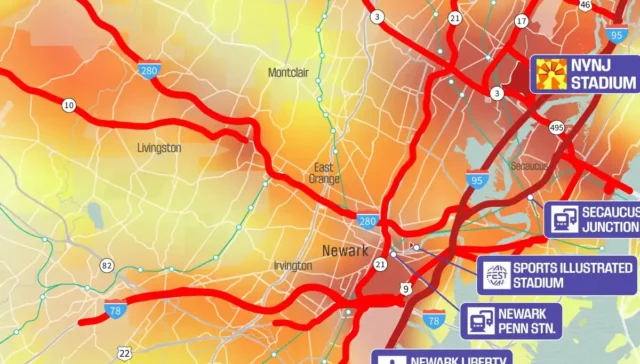 Map of the newark, nj area showing heavy traffic with red congestion lines along major highways (i-280, i-95) and surrounding streets; labeled towns (newark, east orange, secaucus) and venue icons on the right.