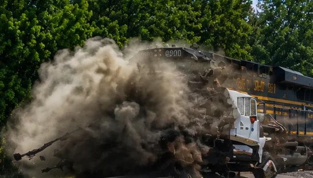 Holy $#! @! Train smashes septic truck at chesapeake crossing, sending sewage across road