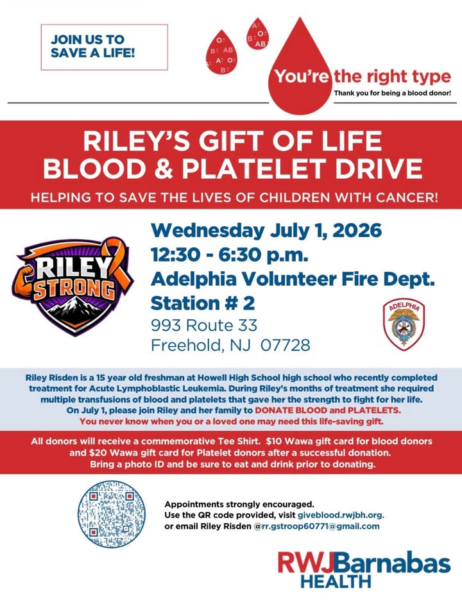 Howell community invited to donate at riley's gift of life blood drive for teen cancer survivor Howell community invited to donate at riley's gift of life blood drive for teen cancer survivor
