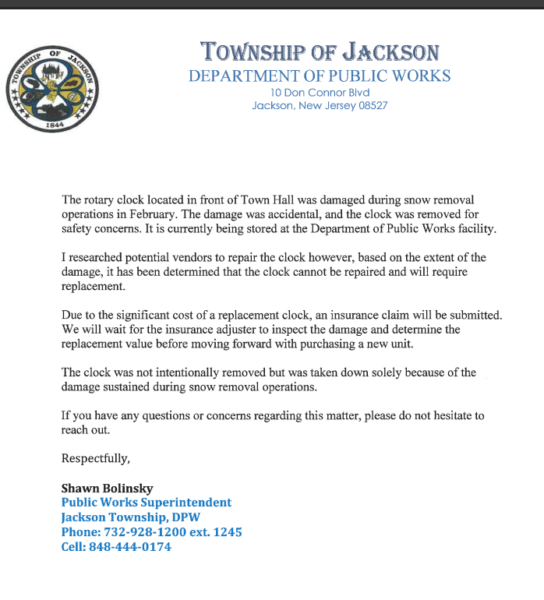 Jackson township clock damaged during snow removal will be replaced, officials say Jackson township clock damaged during snow removal will be replaced, officials say