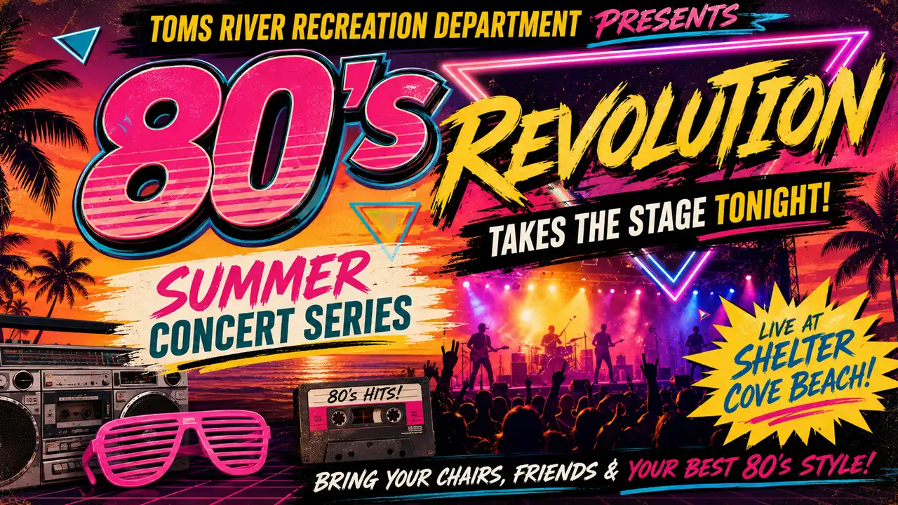 Toms river's summer concert and fireworks series continues tonight with 80's revolution at shelter cove beach