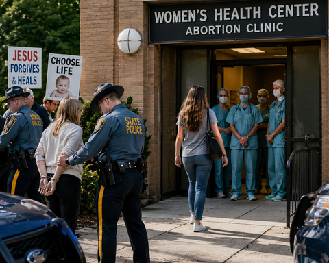 Political Satire: Abortion protesters being arrested outside abortion clinic. AI Generated Satire