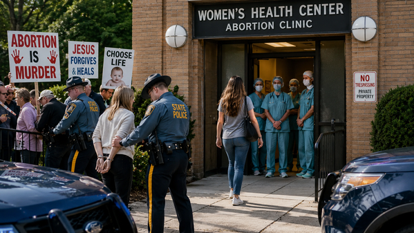 Political Satire: Abortion protesters being arrested outside abortion clinic. AI Generated Satire