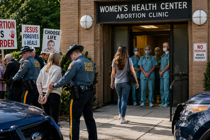 Political Satire: Abortion protesters being arrested outside abortion clinic. AI Generated Satire