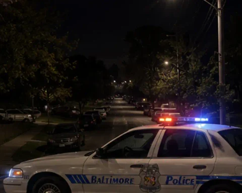 Photo Caption: Baltimore County Police detectives investigate a shooting and stabbing on McShane Way in Dundalk that left one man critically injured and another hospitalized.