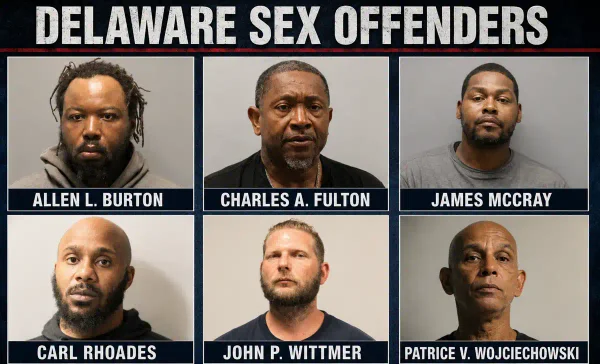 Photo Caption: Delaware State Police say Allen L. Burton, Charles A. Fulton, James McCray, Carl Rhoades, John P. Wittmer and Patrice V. Wojciechowski are listed as wanted sex offenders.