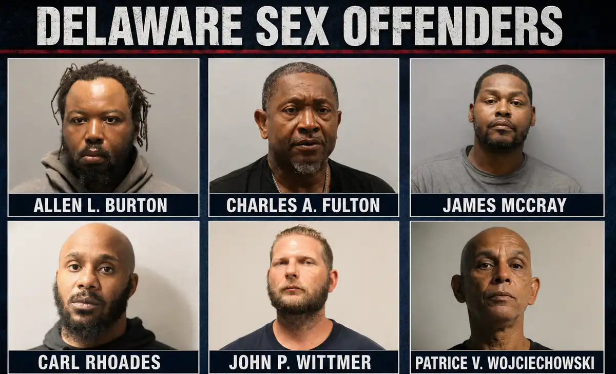 Photo caption: delaware state police say allen l. Burton, charles a. Fulton, james mccray, carl rhoades, john p. Wittmer and patrice v. Wojciechowski are listed as wanted sex offenders.