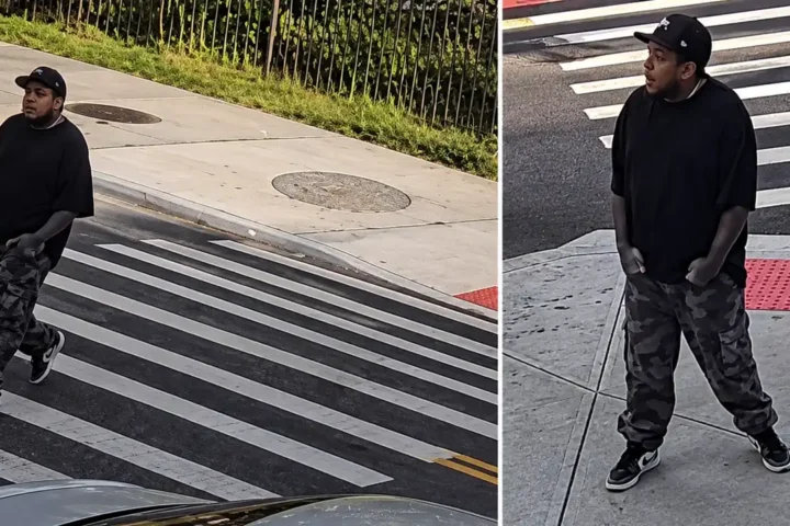 Photo Caption: Surveillance images released by the NYPD show the suspect wanted after a shooting in Brooklyn that injured a 7-year-old dog.