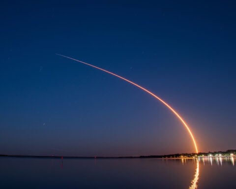 Photo Caption: A SpaceX Falcon 9 rocket launches from Cape Canaveral on a Starlink mission, creating a bright plume that can sometimes be seen from the northeastern United States.