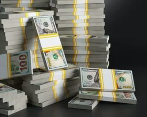 Batches with dollars. Heaps of paper money packs. Million jackpot winning in lottery, symbol of riches and luxury. American (USA) dollar currency. Finances and banking concept. 3d rendered raster.
