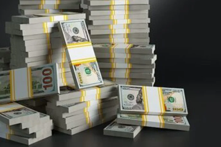 Batches with dollars. Heaps of paper money packs. Million jackpot winning in lottery, symbol of riches and luxury. American (USA) dollar currency. Finances and banking concept. 3d rendered raster.