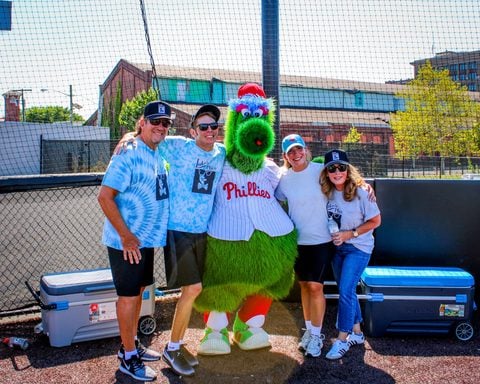 The Phillie Phanatic made a surprise appearance as Camden County prosecutors, Luke’s Place and Rutgers groups came together for a community softball game.