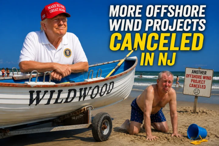 Donald Trump looks over a windfarm-free beach in Wildwood as NJ Governor Phil Murphy pouts. Political Satire/Artistic Rendering