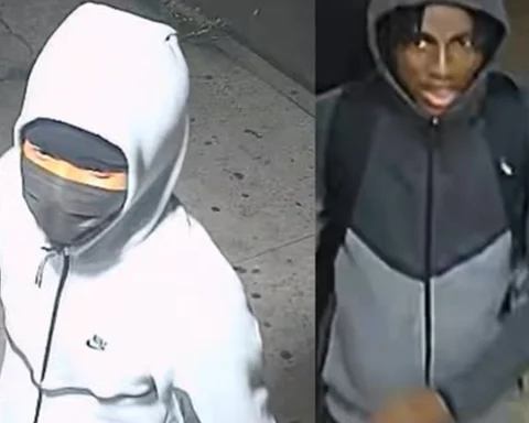 Police are searching for a suspect accused of shooting two men outside a Bronx residence before fleeing on foot.