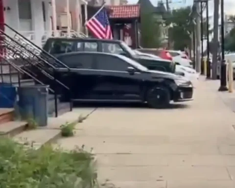 Vehicles parked on a Union City residential block partially and, in some cases, completely obstruct public sidewalks despite state law and local ordinances prohibiting sidewalk parking.