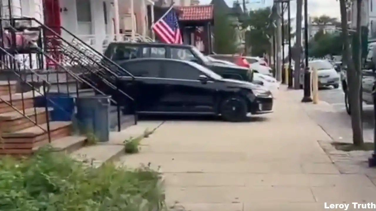 Vehicles parked on a union city residential block partially and, in some cases, completely obstruct public sidewalks despite state law and local ordinances prohibiting sidewalk parking.