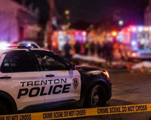 Photo Caption: Trenton police and Mercer County homicide detectives are investigating a Locust Street block party shooting that left two people dead and eight others wounded early Sunday.