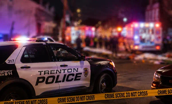 Photo Caption: Trenton police and Mercer County homicide detectives are investigating a Locust Street block party shooting that left two people dead and eight others wounded early Sunday.