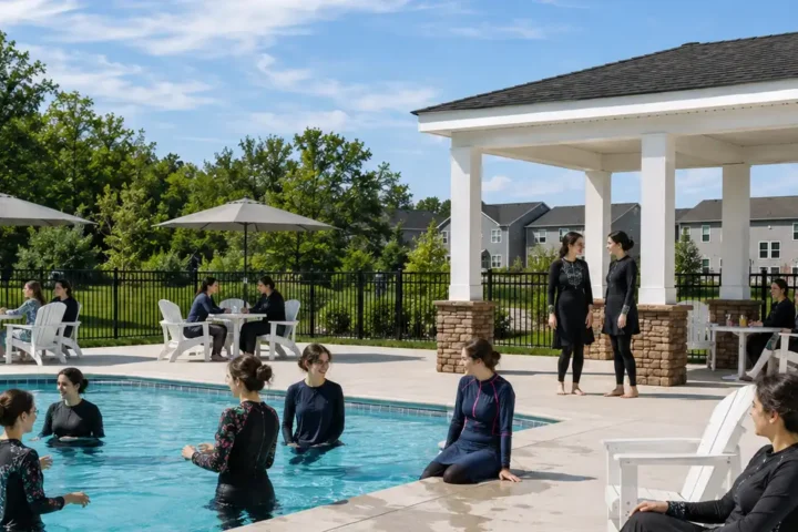 The Club at Jackson Twenty-One says its separate men's and women's pool hours were adopted as a religious accommodation and did not deny residents access to community amenities.