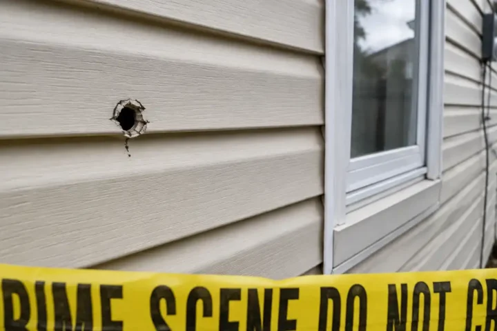 Photo Caption: Anne Arundel County police are investigating after residents of an Arnold home heard a gunshot and discovered a bullet hole through the rear exterior wall. Artistic Reenactment of Crime Scene.