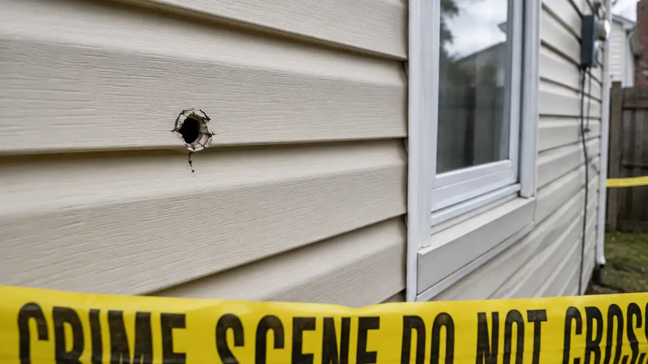 Photo caption: anne arundel county police are investigating after residents of an arnold home heard a gunshot and discovered a bullet hole through the rear exterior wall. Artistic reenactment of crime scene.