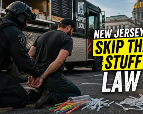 Single-use plastic utensils and straws may no longer be automatically provided with takeout and delivery orders under New Jersey's "Skip the Stuff" law. - AI Satire