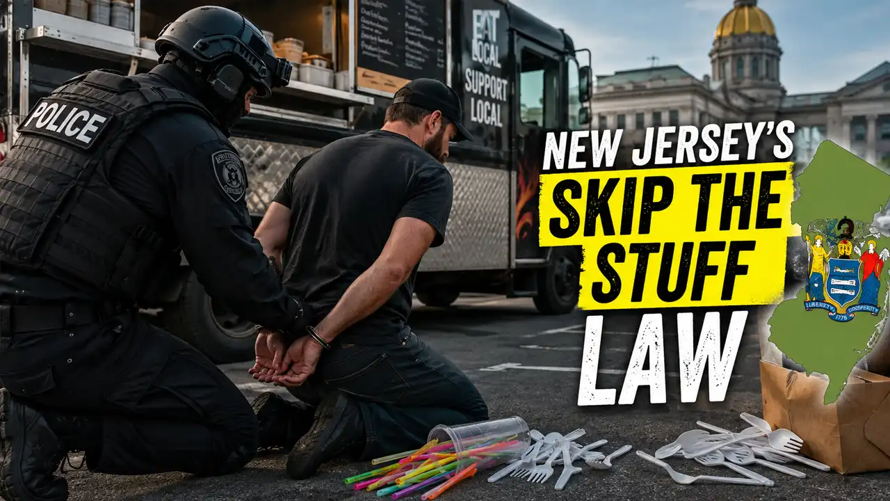 Single-use plastic utensils and straws may no longer be automatically provided with takeout and delivery orders under new jersey's "skip the stuff" law. - ai satire