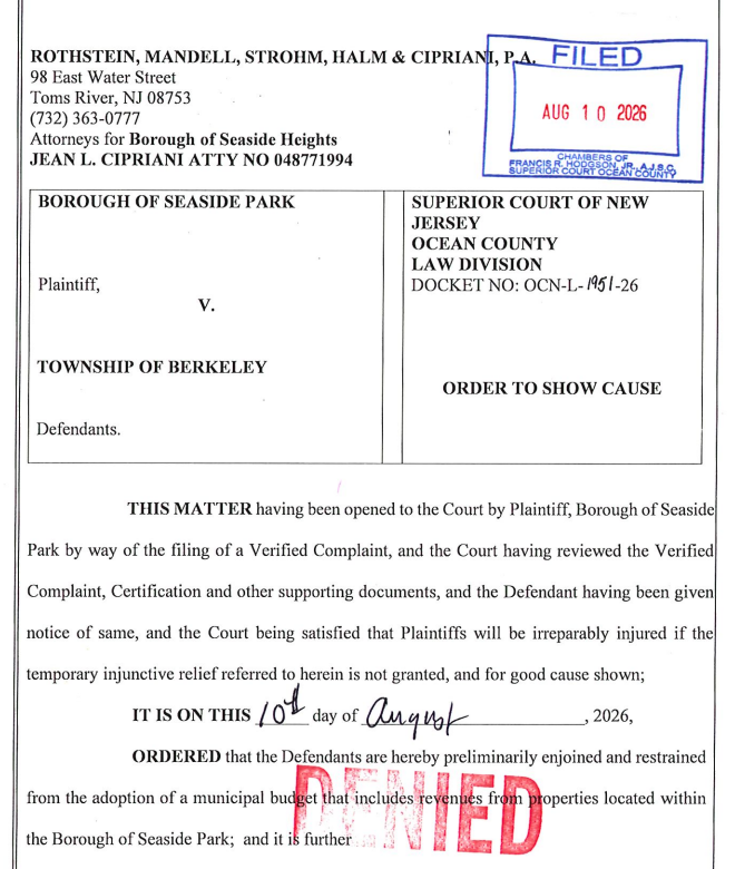 Judge denies seaside park bid to immediately recover south seaside park tax revenue Judge denies seaside park bid to immediately recover south seaside park tax revenue