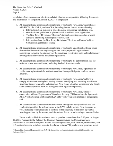Congress demands new jersey surrender documents in non-citizen voting scandal Congress demands new jersey surrender documents in non-citizen voting scandal