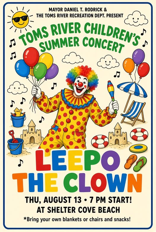 Free kids concert tonight at shelter cove beach features leepo the clown in toms river Free kids concert tonight at shelter cove beach features leepo the clown in toms river