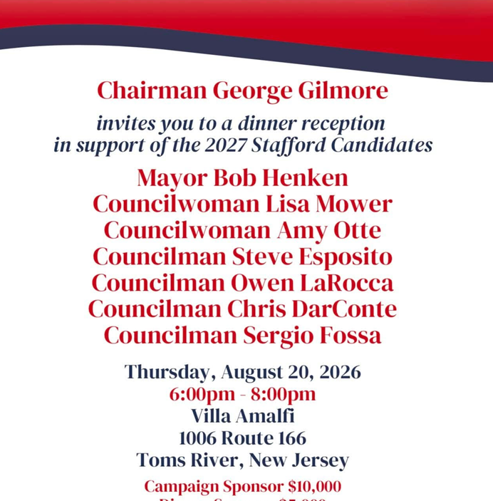 Ocean county gop chairman hosts $10,000 campaign dinner for stafford twp. Candidates at toms river italian restaurant Ocean county gop chairman hosts $10,000 campaign dinner for stafford twp. Candidates at toms river italian restaurant