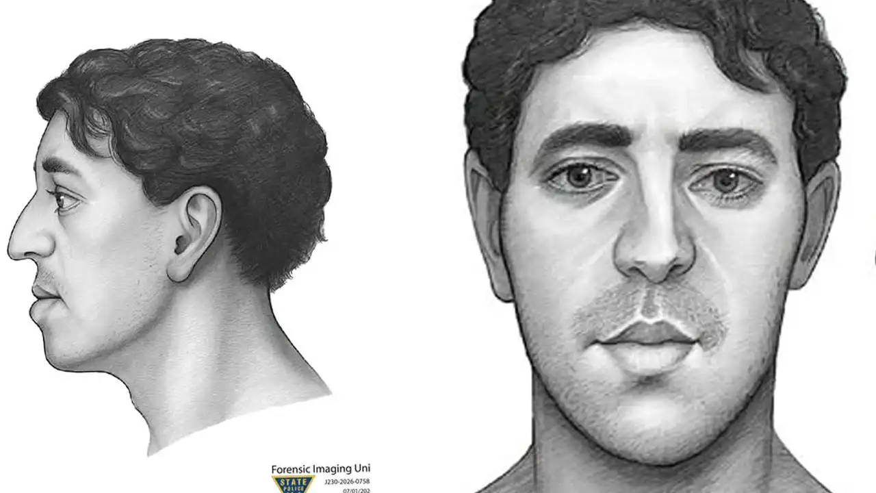 A composite sketch released by the new jersey state police depicts an unidentified man whose skeletal remains were discovered in a brigantine marsh in 1982. Investigators are asking the public to help identify him.
