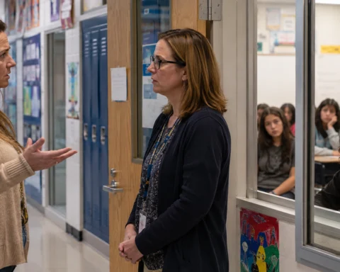 Depiction of a scene inside a school. Parent questioning the rules. VeniceAI