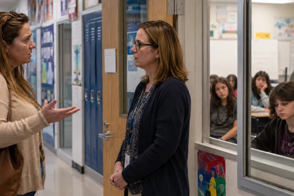 Depiction of a scene inside a school. Parent questioning the rules. VeniceAI