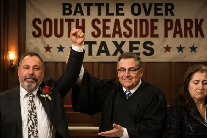 John Noval (L) Jean Cipriani (R) - Political satire showing courtroom victory.