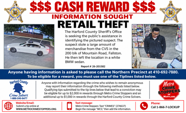 Suspect accused of stealing large haul from fallston cvs before fleeing in white bmw