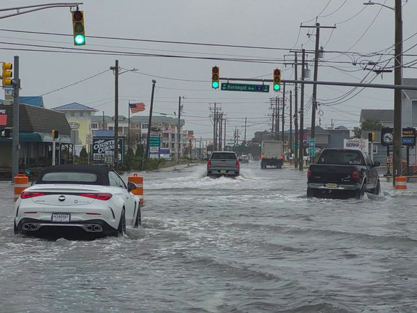 Floodwater covers barnegat ave as a nor’easter brings heavy rain, high tides and beach erosion to ocean and monmouth counties.