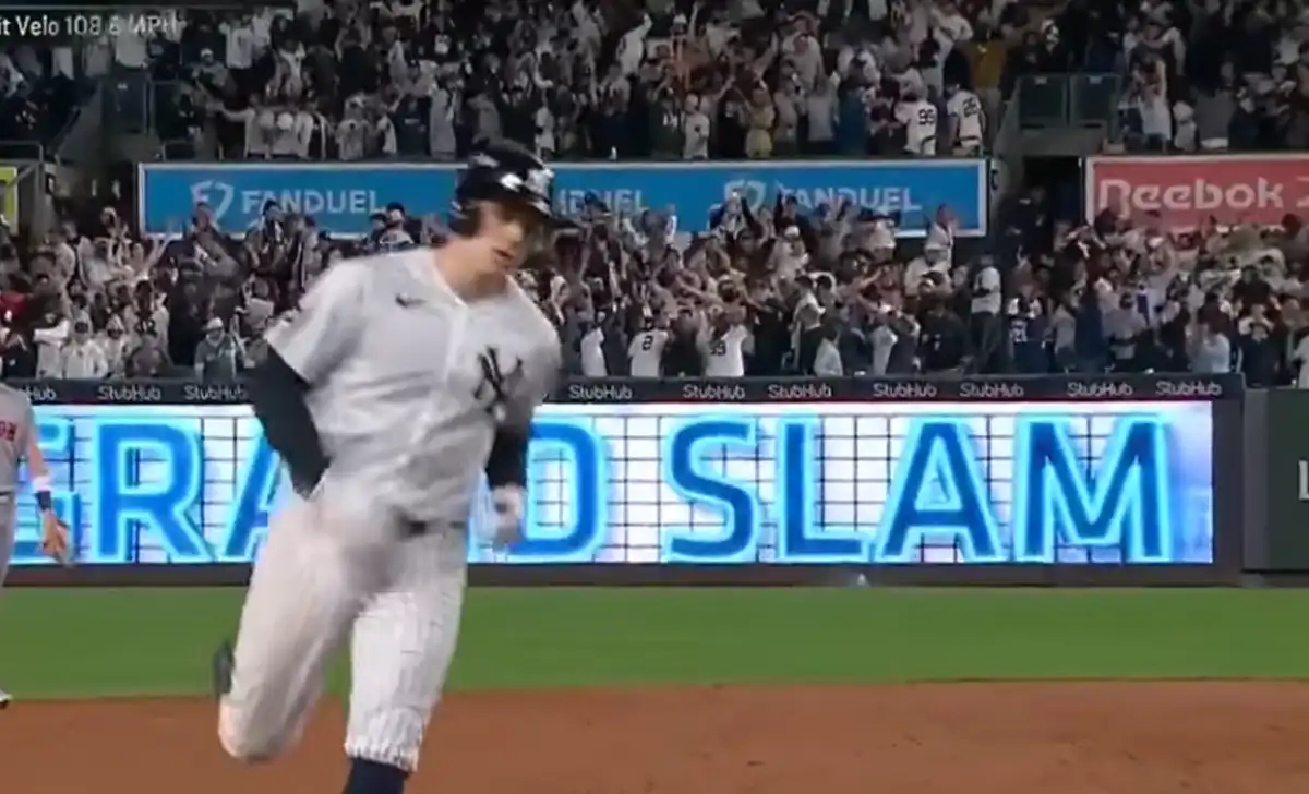 Ben rice celebrates after helping the yankees rout the boston red sox 9-0 in game 1 of the american league wild card series at yankee stadium.