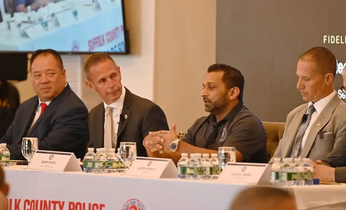 FBI Director Kash Patel joined Suffolk County Police Commissioner Kevin Catalina and other law enforcement officials during a forum in Port Jefferson. Photo courtesy Suffolk County Police Department.