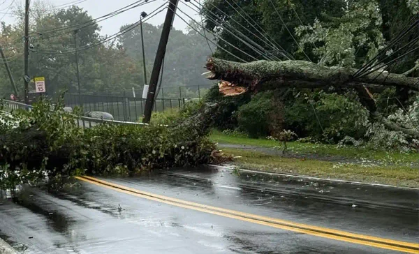 Christian herald road is closed in both directions in clarkstown after a tree and wires came down, with the closure expected to last several hours.