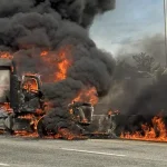 Tractor-trailer erupts in flames on route 280 in harrison, burning fuel spreads along highway median